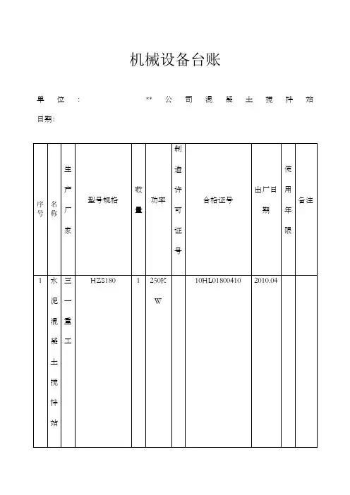 混凝土搅拌站机械设备台账