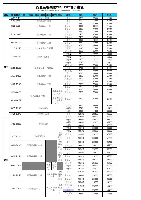 湖北电视2013地面频道改版刊例价格