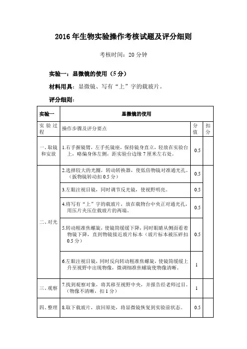 2016初中毕业生生物实验加试试题标准