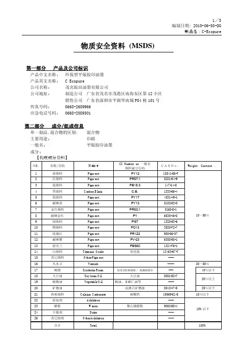 平板胶印油墨~MSDS成份