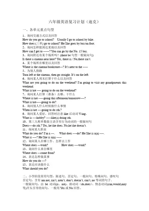 人教版六年级上英语重点句型复习