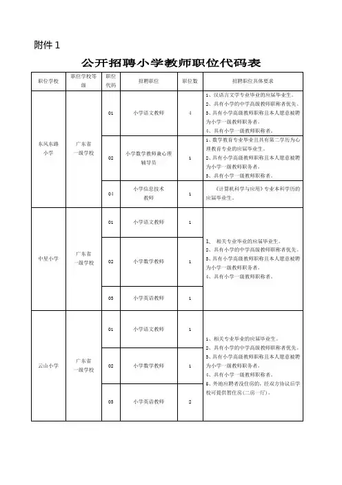 公开招聘小学教师职位代码表