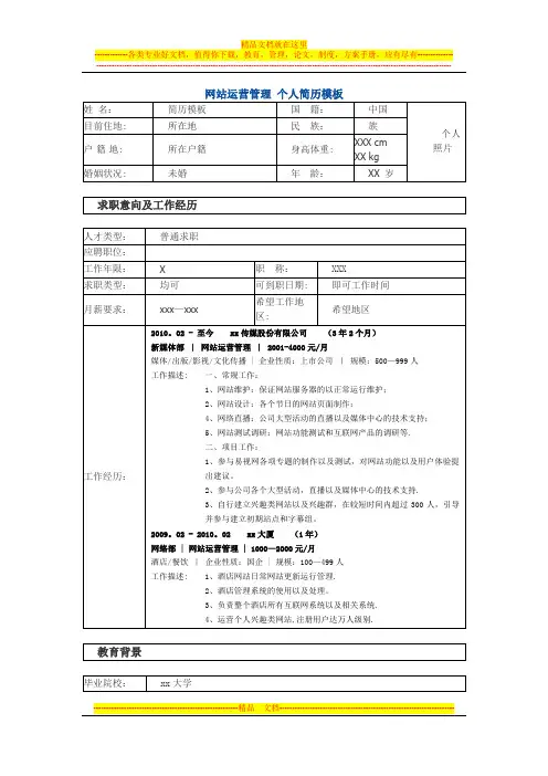 网站运营主管 个人简历模板【最新范本模板】