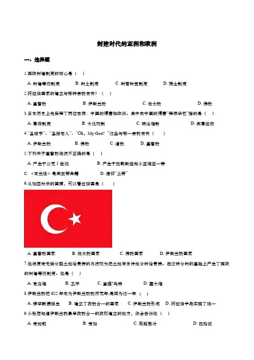 2019年中考历史知识点专题复习练习--世界古代史 封建时代的亚洲和欧洲