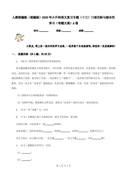 人教统编版(部编版)2020年小升初语文复习专题(十三)口语交际与综合性学习(考题大观)A卷