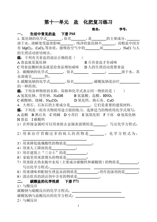 第十一单元  盐化肥复习练习