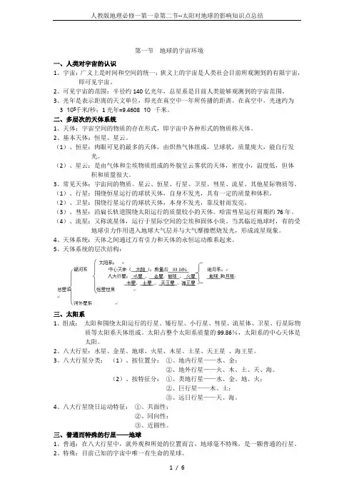 人教版地理必修一第一章第二节--太阳对地球的影响知识点总结