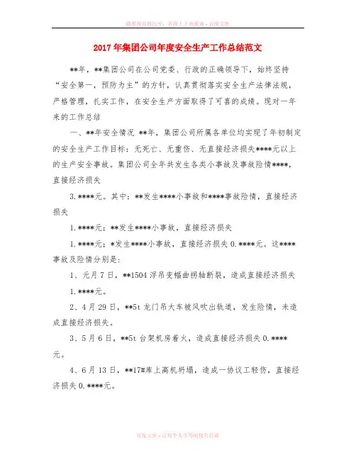 2017年集团公司年度安全生产工作总结范文