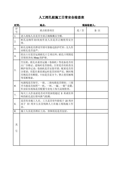 人工挖孔桩日常安全检查表 2