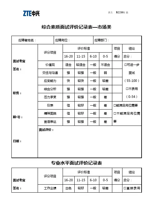 综合素质面试评价记录表—市场类