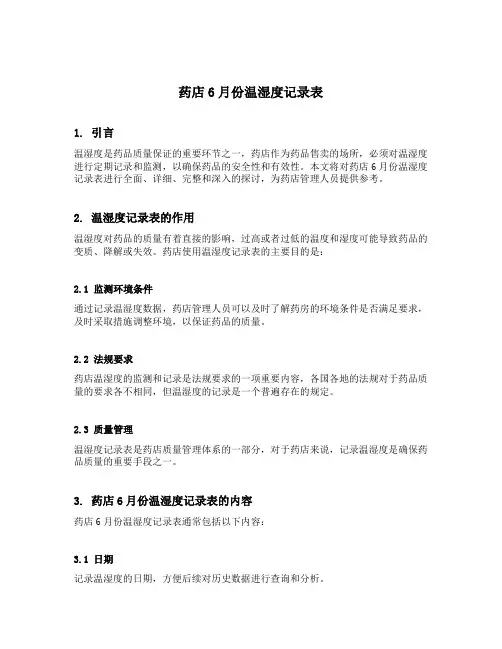 药店6月份温湿度记录表