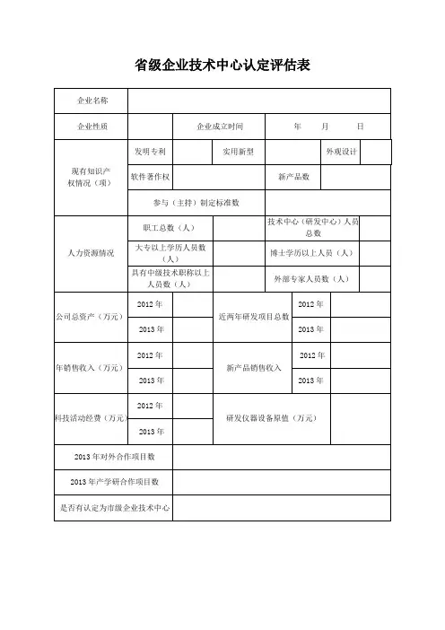 省级企业技术中心认定评估表