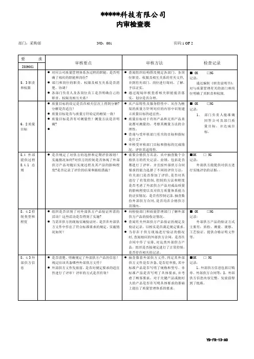 ISO9001：2015版 内审检查表(采购、仓库)