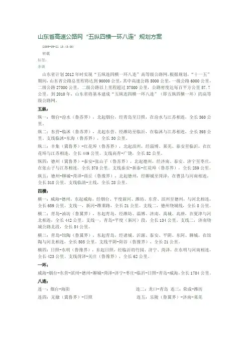 山东省高速公路网“五纵四横一环八连”规划方案