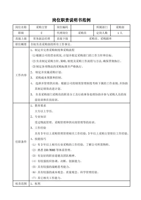 采购主管岗位职责说明书 2