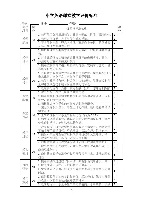 小学英语课堂教学评价标准表格