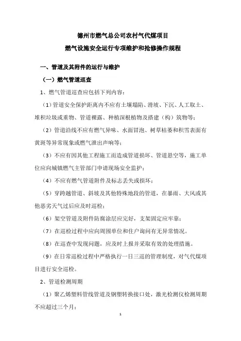 德州市燃气总公司农村气代煤项目燃气设施安全运行专项维护和抢修操作规程