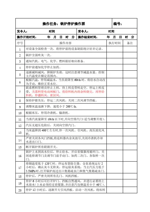 锅炉停炉操作票