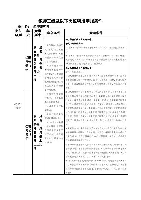 教授三级及以下岗位聘用申报条件