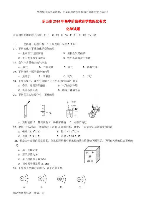 四川省乐山市2016年中考化学真题试题(含答案)