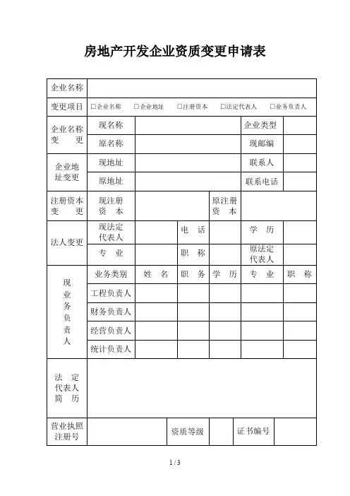房地产开发企业资质变更申请表