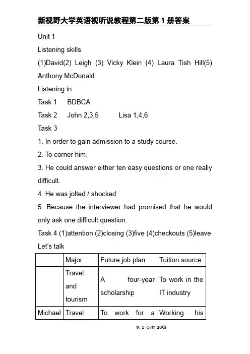 新视野大学英语视听说教程第二版第1册答案