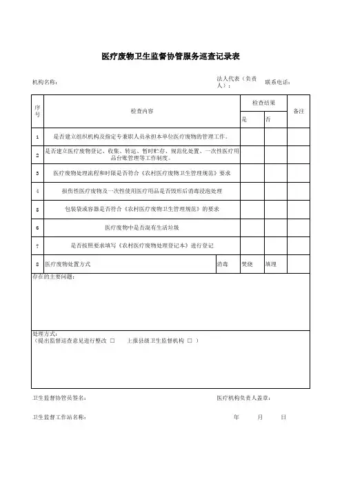 医疗废物卫生监督协管服务巡查记录表