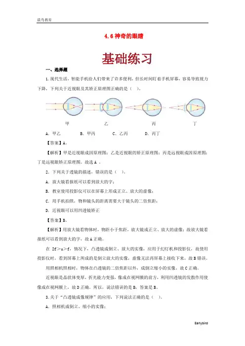 2021年物理八年级上册4.6神奇的眼睛作业含解析 教科版