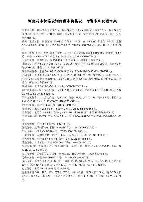 河南花木价格表河南苗木价格表-行道木和花灌木类