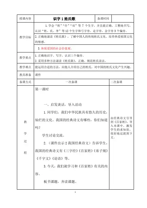 【部编版一年级语文下册】识字2姓氏歌