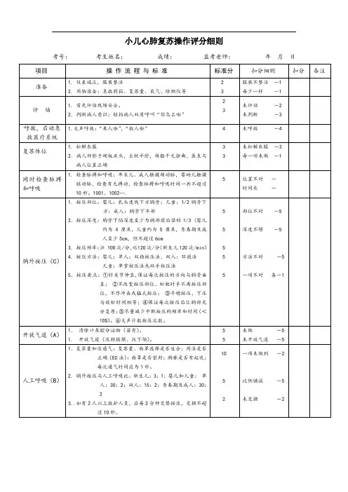 小儿心肺复苏操作评分细则(新版)