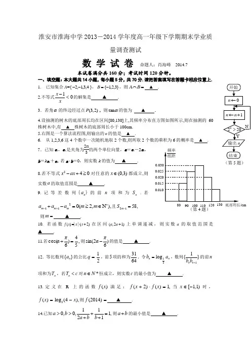 江苏省淮安市淮海中学2013-2014学年高一下学期期末学业质量调查测试 数学 Word版含答案(苏教版)