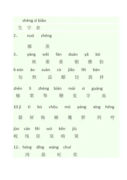 人教版六年级下册语文生字表带拼音