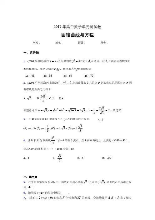 最新版精编2019高中数学单元测试《圆锥曲线方程》完整题(含参考答案)