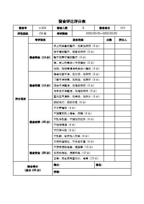 宿舍评比评分表