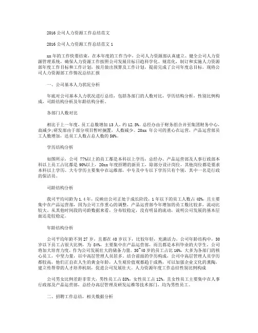2016年公司人力资源工作总结