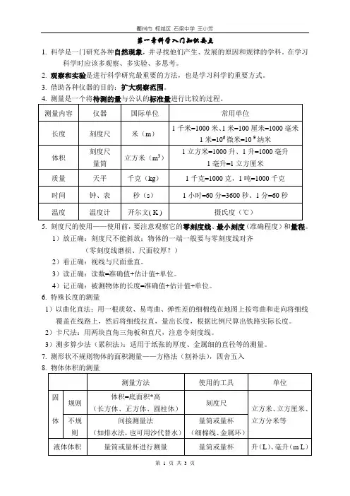 浙教版七年级科学第一章复习要点