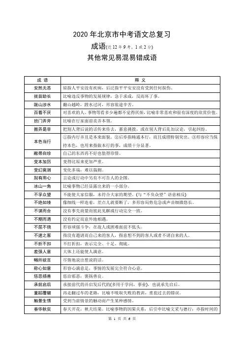 2020年北京市中考语文总复习：易混易错成语