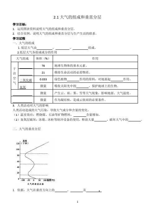 2.1大气的组成和垂直分层学案