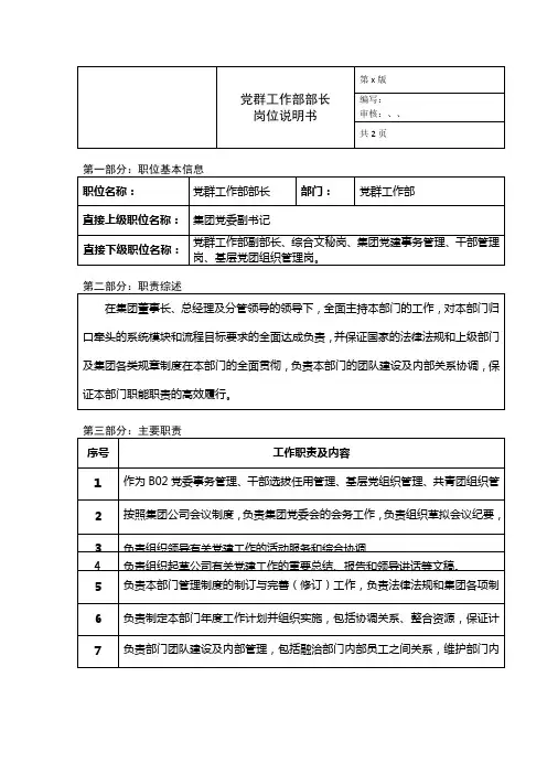 党群工作部部长岗位说明书-党群工作部工作职责