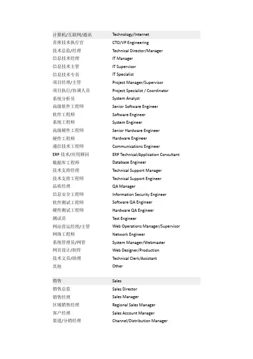 常用职业类别名称中英文对照讲课稿