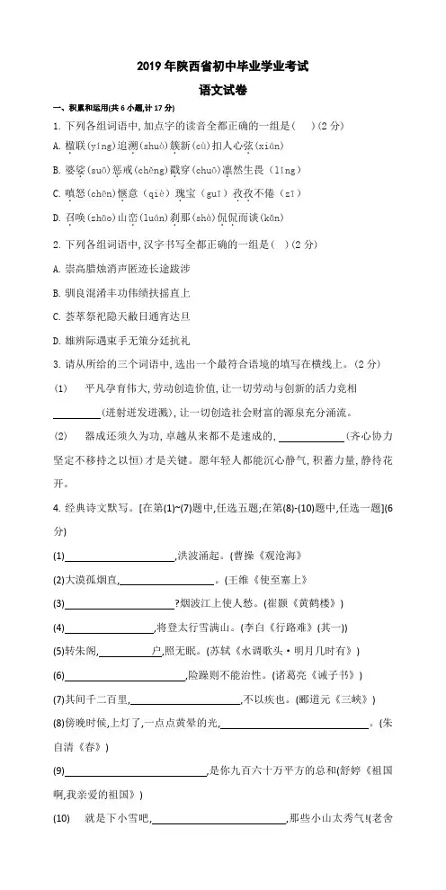 【精校版含答案】2019年陕西省初中毕业学业考试真题