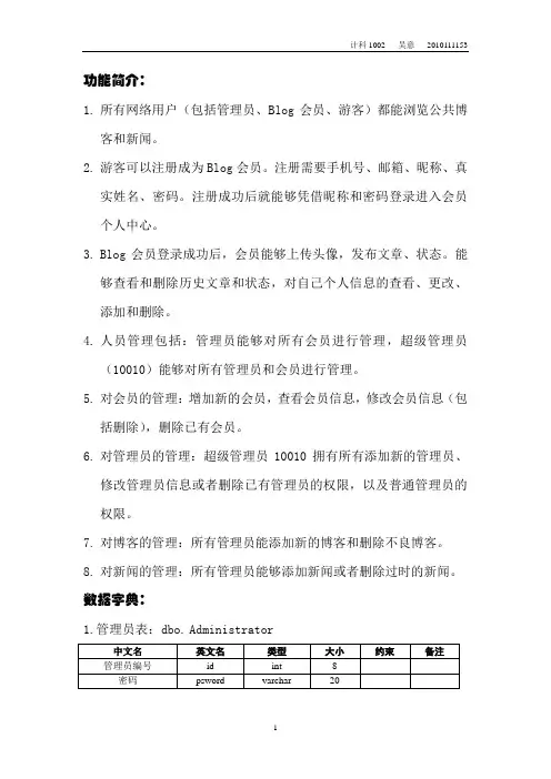Blog文档 个人博客系统功能说明