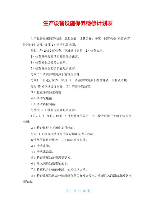 生产设备设施保养检修计划表