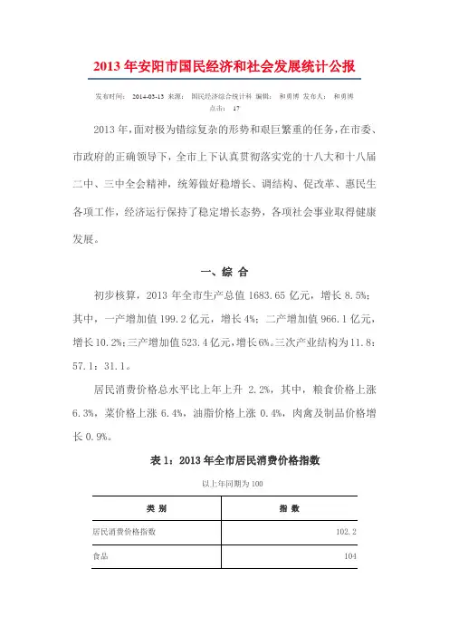 2013年安阳市国民经济和社会发展统计公报