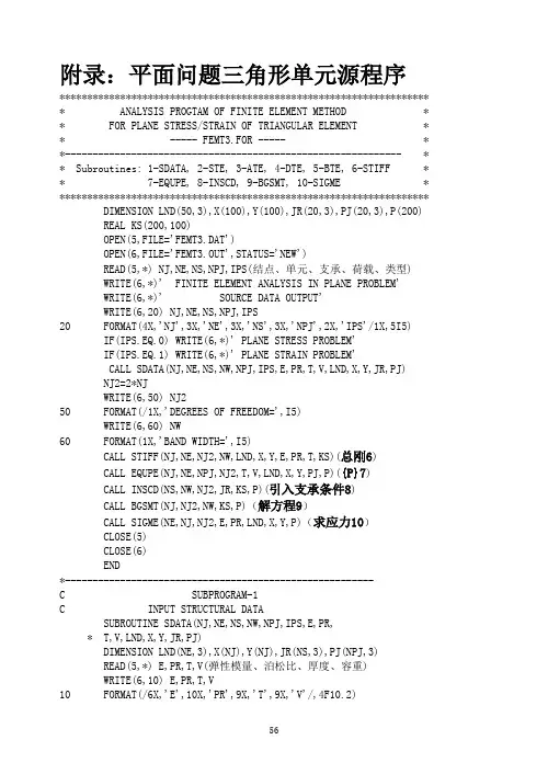 有限元中三角形单元源程序