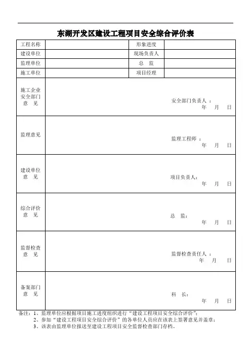 东湖开发区建设工程项目安全综合评价表