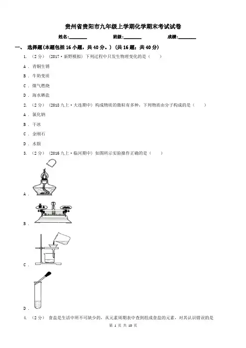 贵州省贵阳市九年级上学期化学期末考试试卷