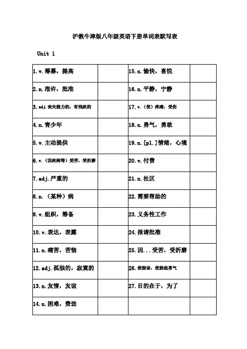 沪教牛津版八年级英语下册单词表默写表