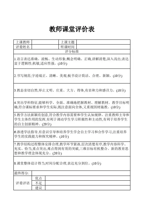 教师课堂评价表